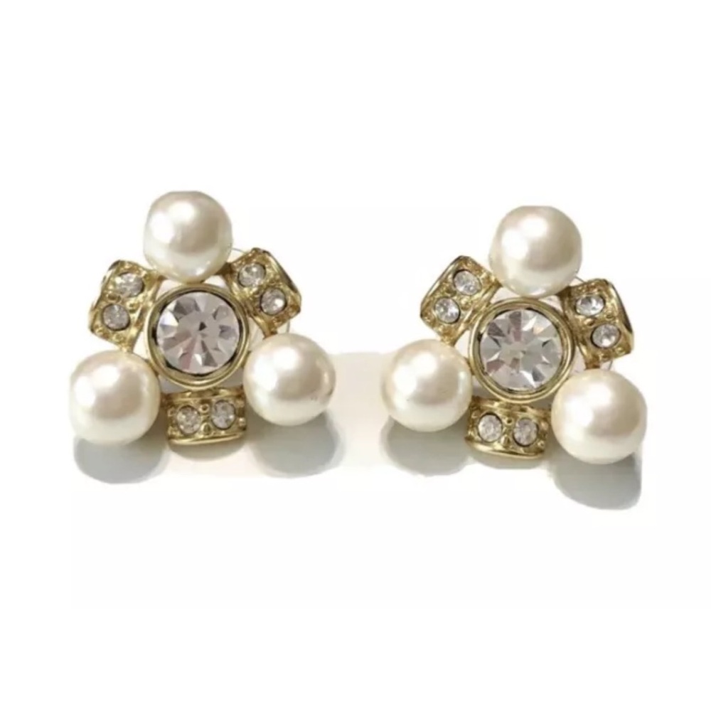 MONET Swarovski Crystal Gold Tone Rhinestone Faux Pearl Pierced Stud Earrings